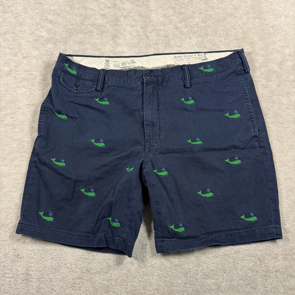 Polo Ralph Lauren Shorts Mens 38 Navy Blue Slim GI Fit Embroidered Whale Chino